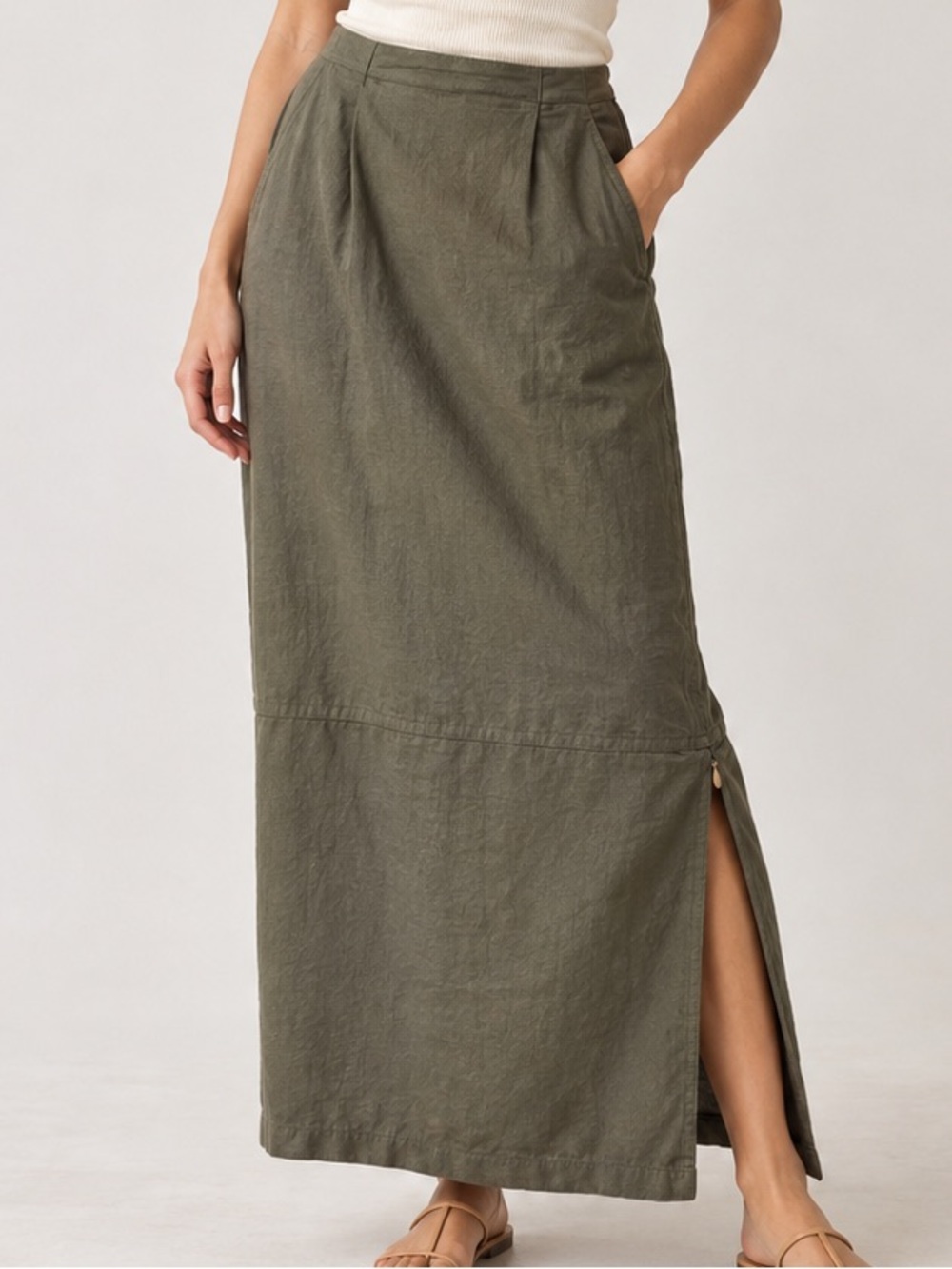 EASYWEAR Olive Linen Cotton Maxi Skirt Utility Side Zip M